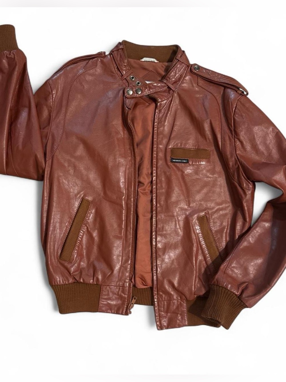 Members Only Brown Leather-Style Bomber Jacket